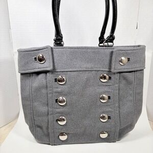 Braciano Grey Military Button Wool Style Tote Bag Patent Trim Silver Hardware